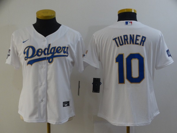 Women's Los Angeles Dodgers #10 Justin Turner White Gold Championship Cool Base Stitched Jersey(Run Small)
